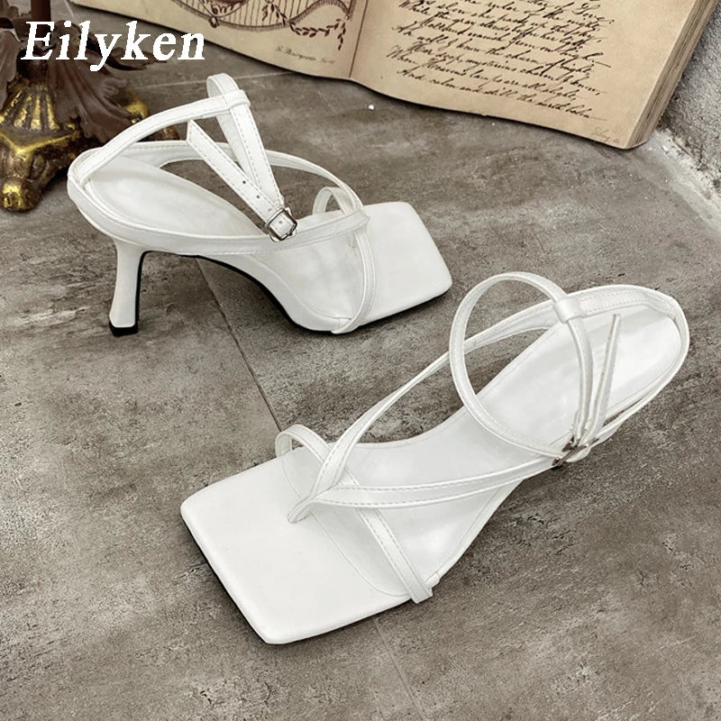 Eilyken Summer Fashion Square Pinch Open Narrow Band Women Sandals Ankle Buckle Strap Thin Heels Ladies Shoes Zapatos De Mujer