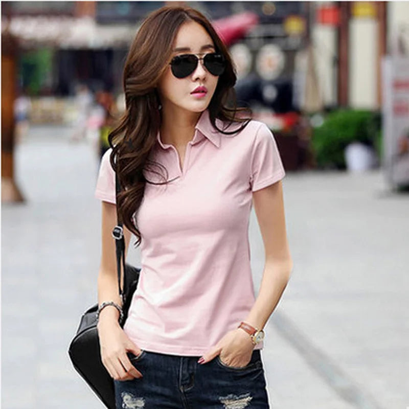 95% Cotton T shirt Summer Polo Shirt Women Short Sleeve Solid Slim Polos Mujer Shirts Tops Fashion Plus Size Polo Femme