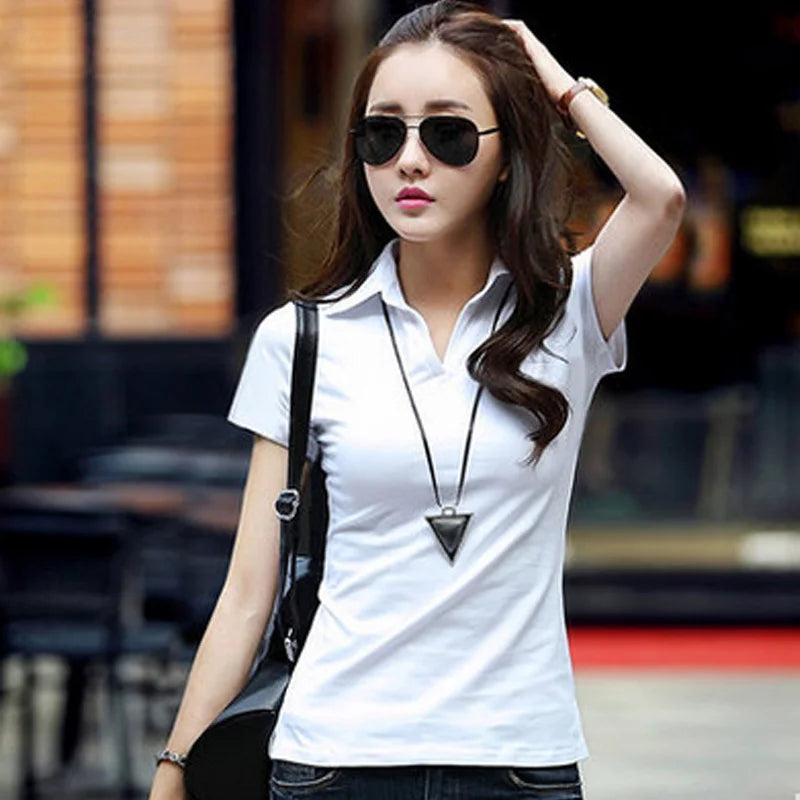 95% Cotton T shirt Summer Polo Shirt Women Short Sleeve Solid Slim Polos Mujer Shirts Tops Fashion Plus Size Polo Femme