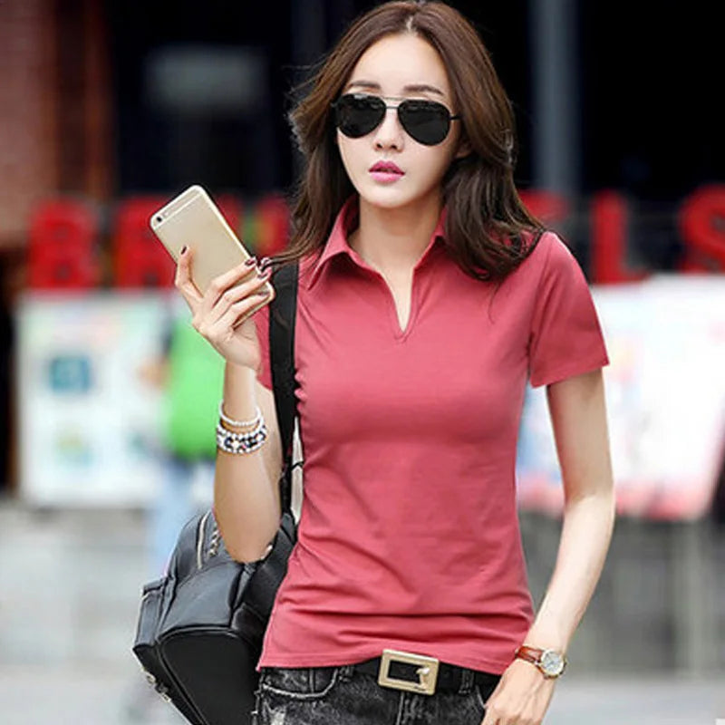 95% Cotton T shirt Summer Polo Shirt Women Short Sleeve Solid Slim Polos Mujer Shirts Tops Fashion Plus Size Polo Femme