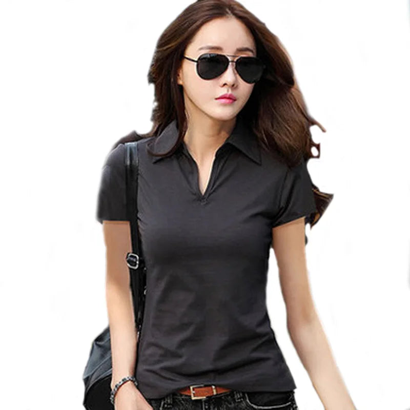95% Cotton T shirt Summer Polo Shirt Women Short Sleeve Solid Slim Polos Mujer Shirts Tops Fashion Plus Size Polo Femme