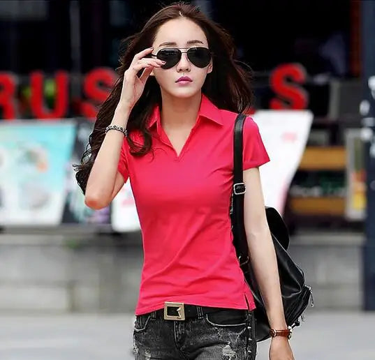 95% Cotton T shirt Summer Polo Shirt Women Short Sleeve Solid Slim Polos Mujer Shirts Tops Fashion Plus Size Polo Femme
