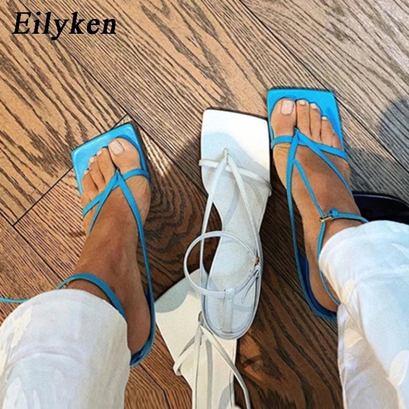Eilyken Summer Fashion Square Pinch Open Narrow Band Women Sandals Ankle Buckle Strap Thin Heels Ladies Shoes Zapatos De Mujer