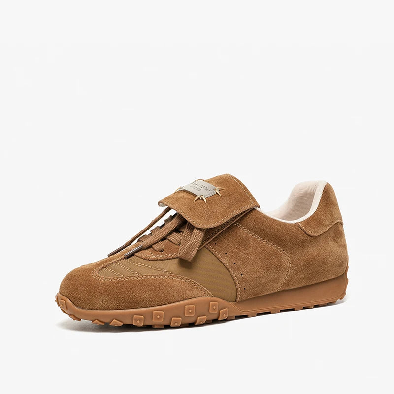 BEAUTODAY Fashion Trainers Women Cow Suede Sneakers Metal Buckle Leather Flats Lace Up Female Casual Shoes Handmade 29897