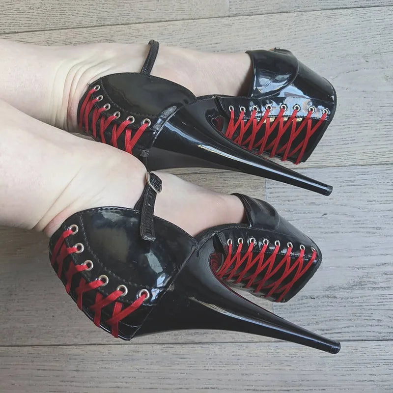 Fashion Women's Gothic Stripper Heels 15cm Nightclub Platform Sandals Sexy Fetish Shoes 6Inch Crossdresser Peep Toe Exotic
