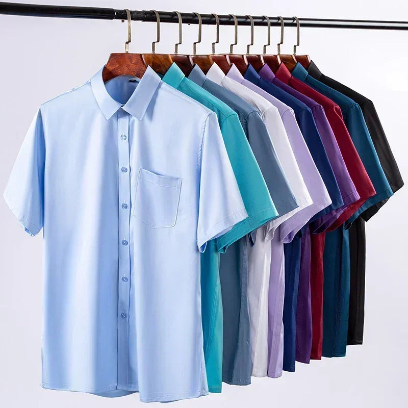 2024 NEW IN Summer Men's Shirt Non-Ironing Anti-Wrinkle Business Casual Solid Color Elastic Smooth Short Sleeves Work Social