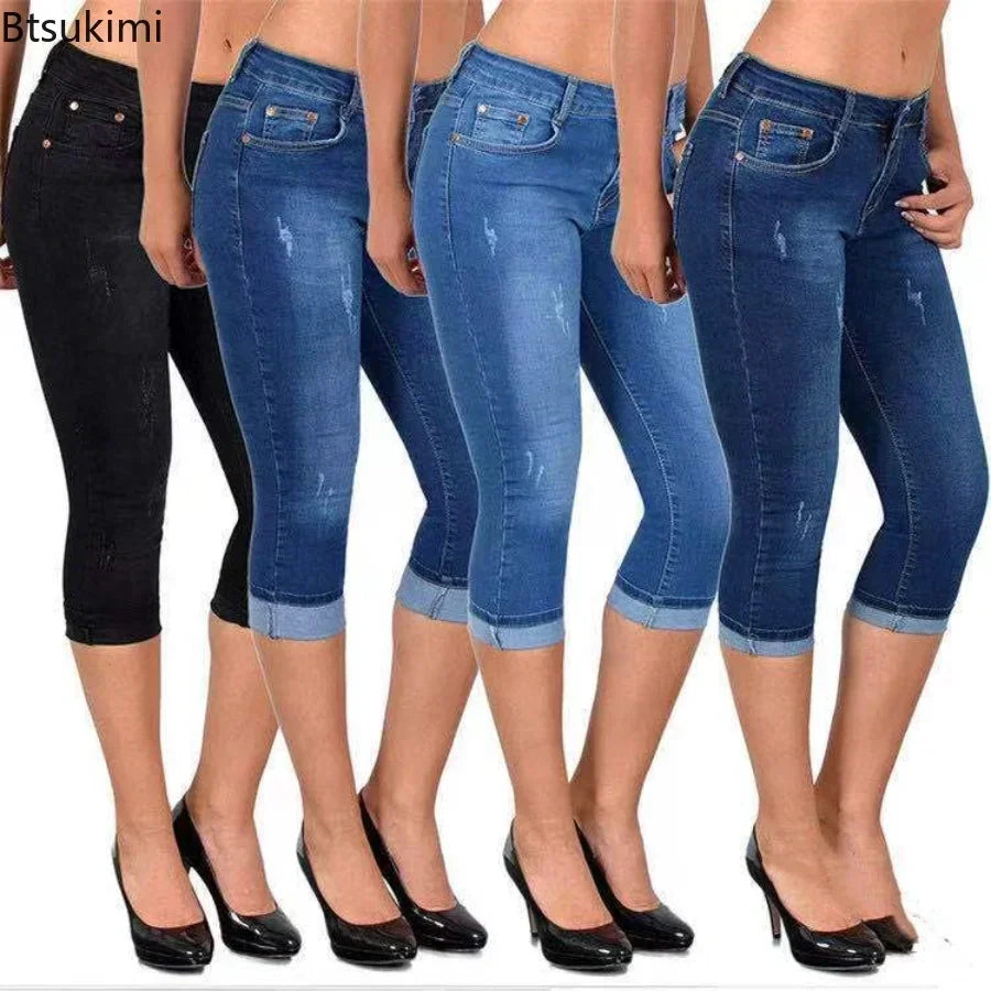 2025 Women's Summer Skinny Denim Pants Jeans Mid Waist Stretch Capri Pants Knee Length Trousers Black Blue Ladies Pencil Pants