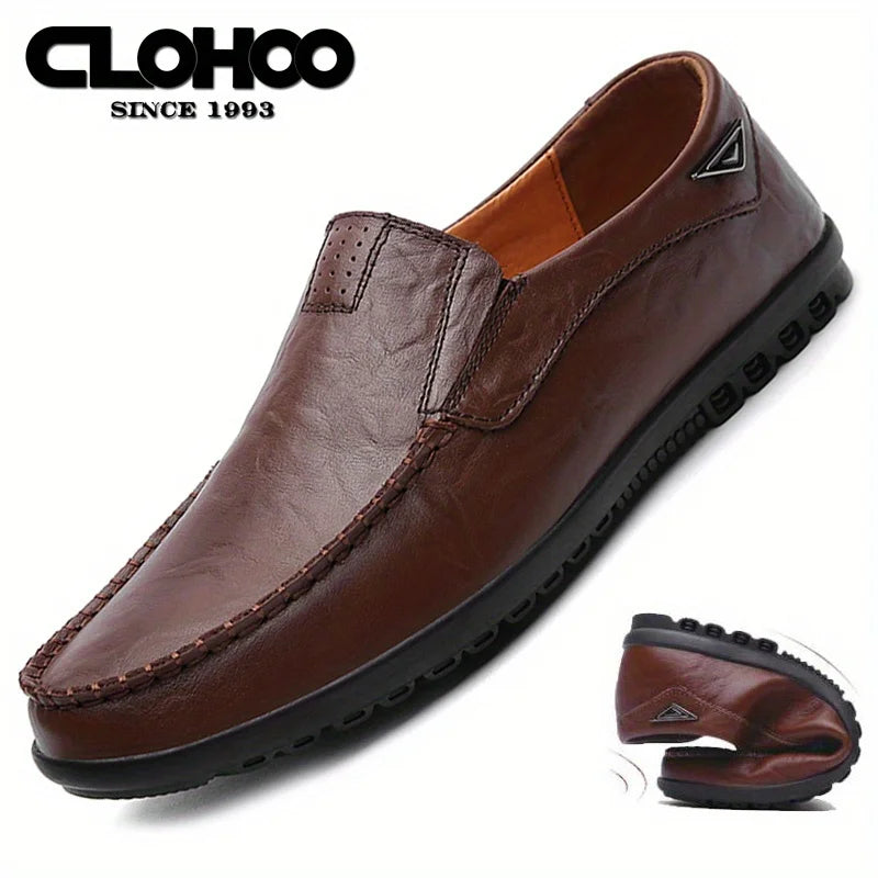 CLOHOO Men's Handmade Casual Loafers Anti-Slip Comfortable Slip-On Driving Comfortable Leather Shoes