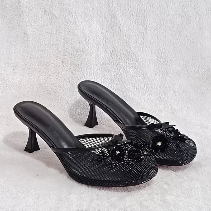 Summer mesh flower beads women slides sexy thin heel sandals