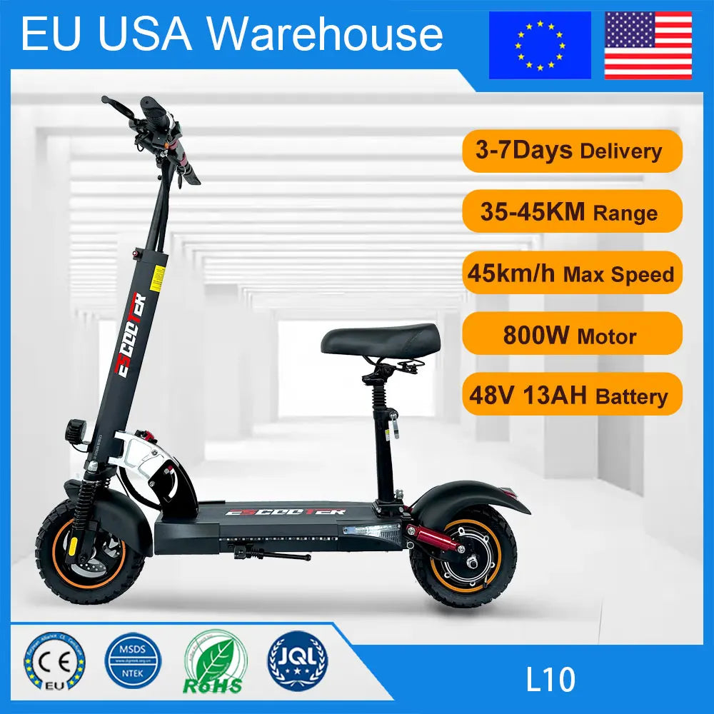 800W Powerful Electric Scooter 48V 13Ah Max Speed 45km/h Long Range 10'' Tires Dual Shock Absorbing Folding EScooter for Adults