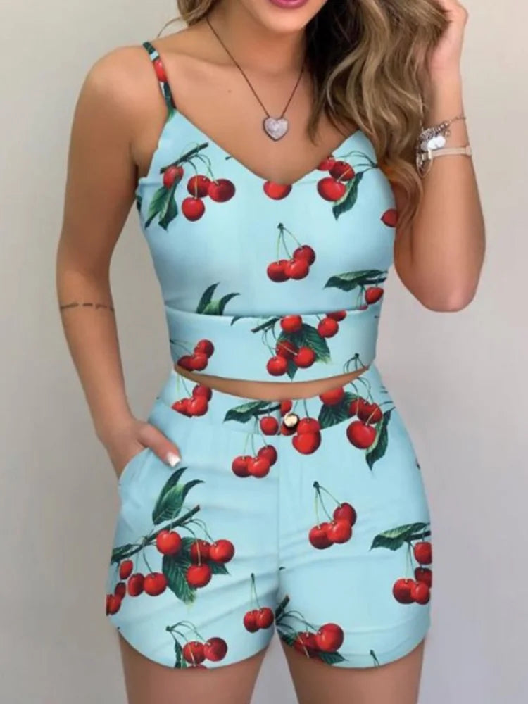 Women Fashion Summer Two Piece Set Sleeveless Floral Vest Shirts + Short Pants Elegant Women's Ensembles 2Pcs Set Streetwear