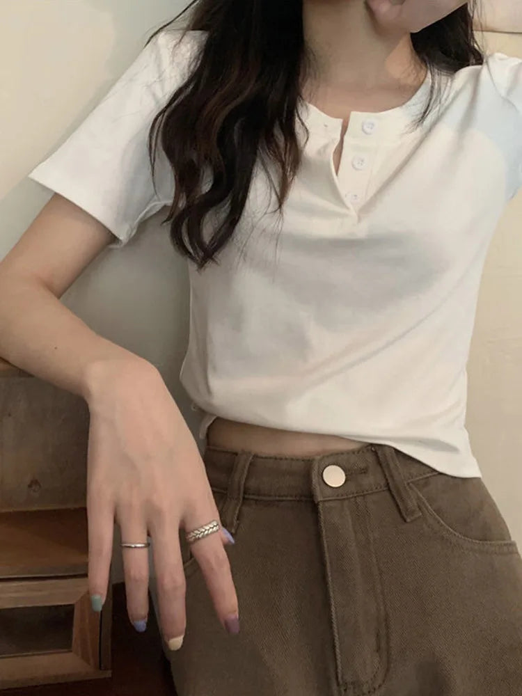 women t-shirt open button short Sleeve Crop Top Ladies Clothing 2024 Solid Basic T Shirt Casual Skinny White Slim Female Tops