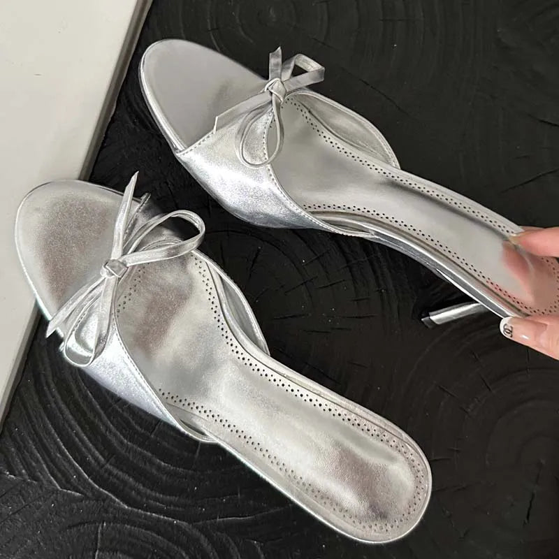 Eilyken Butterfly-knot Peep Toe Women Slippers Fashion Thin Heels Sandals Casual Party Dress Slide Summer Shoes