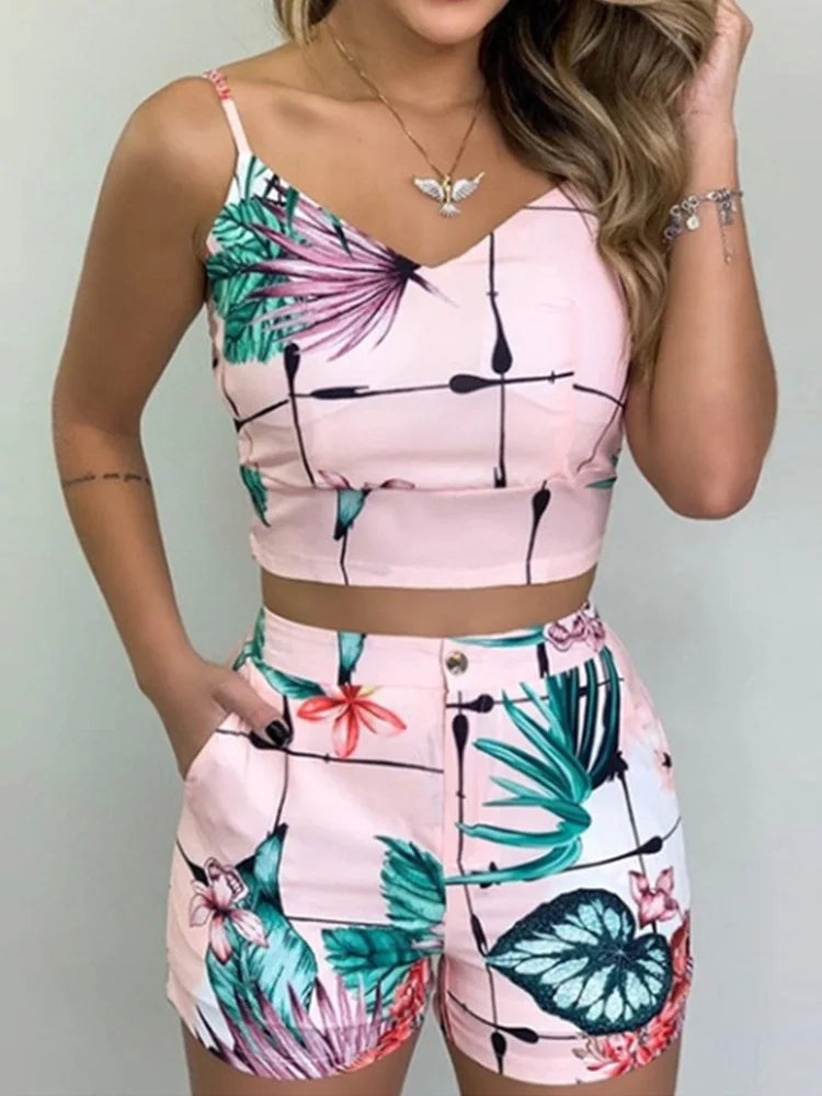 Women Fashion Summer Two Piece Set Sleeveless Floral Vest Shirts + Short Pants Elegant Women's Ensembles 2Pcs Set Streetwear