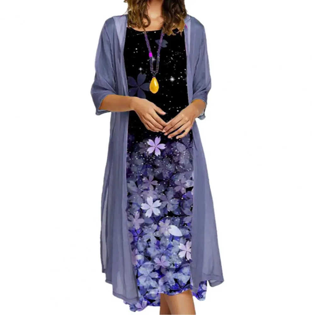 Female 1 Set Stylish Vintage Round Neck Dress Two-Piece Ladies Dress Set Floral Print   for Party