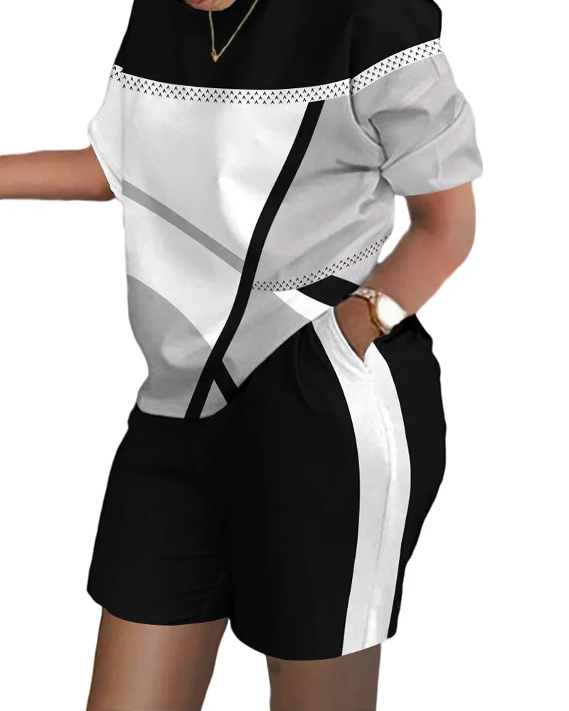 Women Casual Short Sleeve Outfit 2024 Summer Fashion Letter Printed O Neck Pocket Suit Female T Shirt Top Shorts Two Pieces Set
