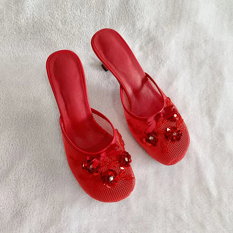 Summer mesh flower beads women slides sexy thin heel sandals