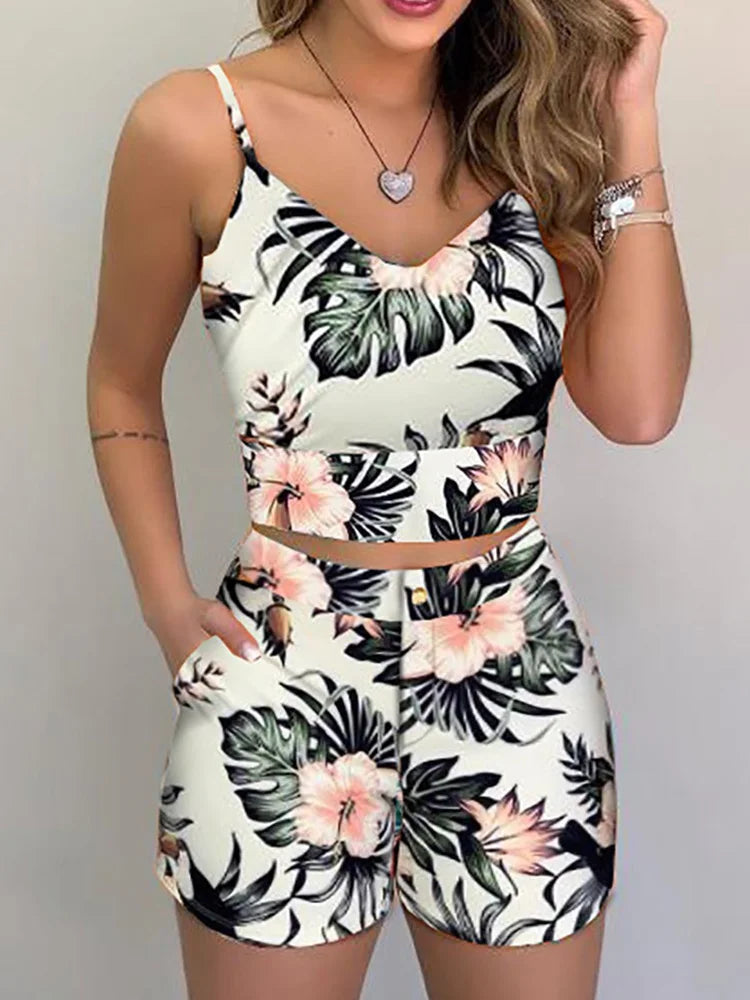 Women Fashion Summer Two Piece Set Sleeveless Floral Vest Shirts + Short Pants Elegant Women's Ensembles 2Pcs Set Streetwear