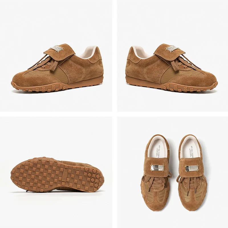 BEAUTODAY Fashion Trainers Women Cow Suede Sneakers Metal Buckle Leather Flats Lace Up Female Casual Shoes Handmade 29897