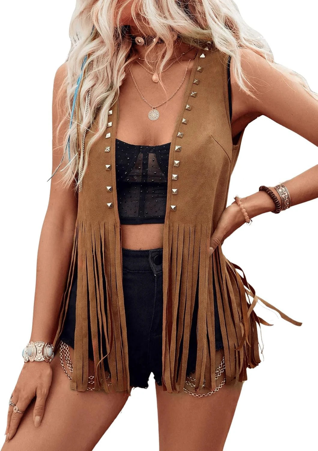 Women Vintage Sleeveless Faux Suede Fringe Vest Rivets Leather Western Boho Tassel Jacket Open Front Hippie Cardigan 2025