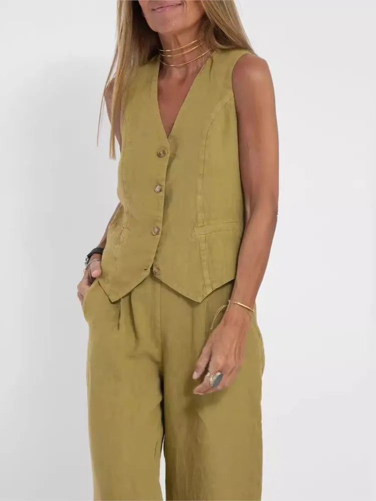 Women's Clothing 2024 Spring Summer New Fashionable Vest Pants Collage Splicing Pure Sleeveless Color Temperament Casual Suit