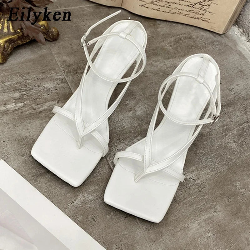 Eilyken Summer Fashion Square Pinch Open Narrow Band Women Sandals Ankle Buckle Strap Thin Heels Ladies Shoes Zapatos De Mujer