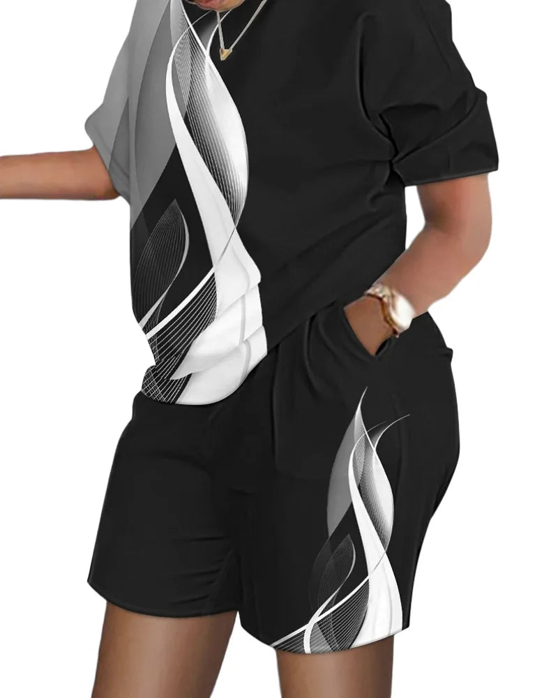 Women Casual Short Sleeve Outfit 2024 Summer Fashion Letter Printed O Neck Pocket Suit Female T Shirt Top Shorts Two Pieces Set