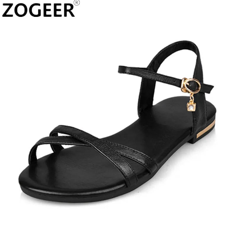 Comfortable Women's Summer Sandals Genuine Leather Flip Flops Casual Flats Sandal White Gold Black Ankle Strap Beach Shoes Girls