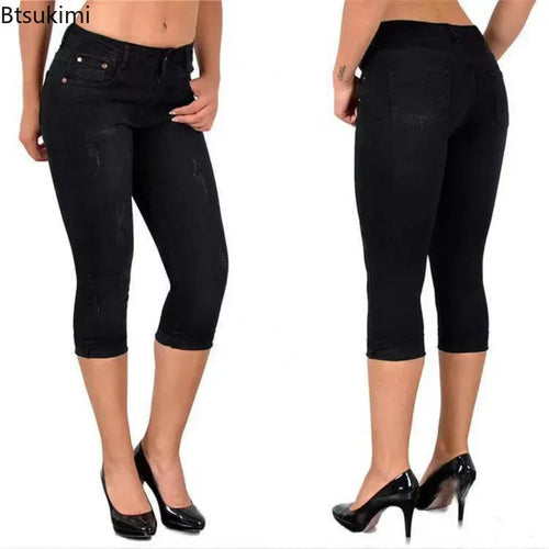 2025 Women's Summer Skinny Denim Pants Jeans Mid Waist Stretch Capri Pants Knee Length Trousers Black Blue Ladies Pencil Pants