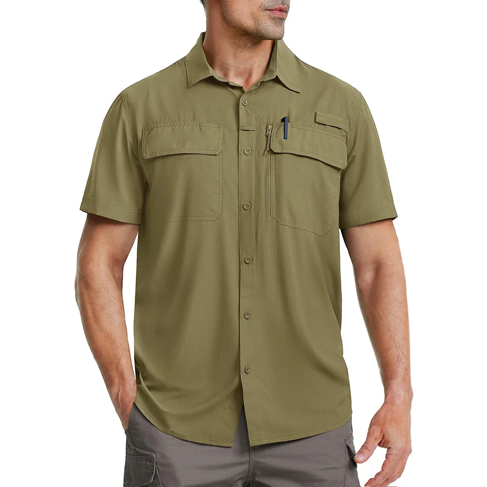 TACVASEN Quick Dry Short Sleeve Shirts Men's UPF 50+ Sun Protection Work Cargo Shirts Mesh Breathable Hiking Fishing Shirts Man