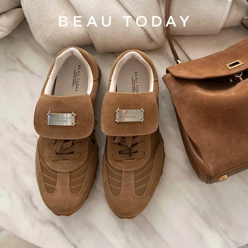 BEAUTODAY Fashion Trainers Women Cow Suede Sneakers Metal Buckle Leather Flats Lace Up Female Casual Shoes Handmade 29897