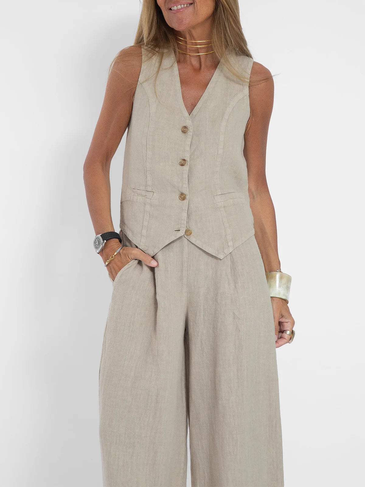Women's Clothing 2024 Spring Summer New Fashionable Vest Pants Collage Splicing Pure Sleeveless Color Temperament Casual Suit