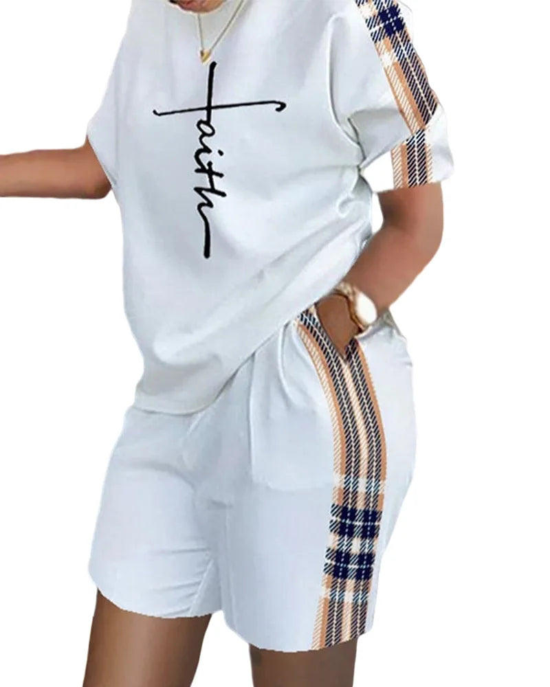 Women Casual Short Sleeve Outfit 2024 Summer Fashion Letter Printed O Neck Pocket Suit Female T Shirt Top Shorts Two Pieces Set