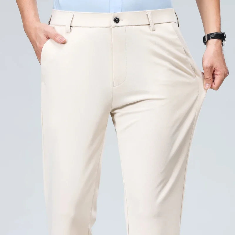 Spring Summer Stretch Smooth Trousers Men Classic Business Elastic Waist Pants Thin Black Gray Blue Casual Suit Pants Male Brand