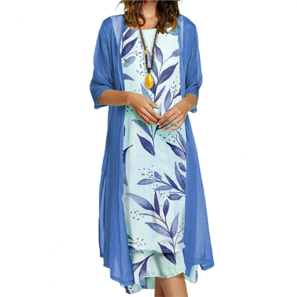 Female 1 Set Stylish Vintage Round Neck Dress Two-Piece Ladies Dress Set Floral Print   for Party