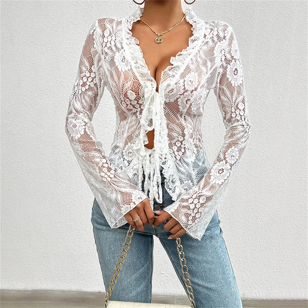 Sexy Women Mesh Lace T-Shirts Long Sleeve Tops Transparent Casual Sheer Basic Tie Front Shirt Blouses for Club Aesthetic Clothes