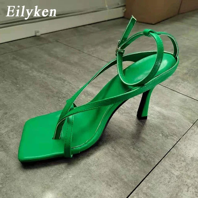 Eilyken Summer Fashion Square Pinch Open Narrow Band Women Sandals Ankle Buckle Strap Thin Heels Ladies Shoes Zapatos De Mujer