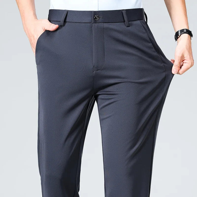 Spring Summer Stretch Smooth Trousers Men Classic Business Elastic Waist Pants Thin Black Gray Blue Casual Suit Pants Male Brand