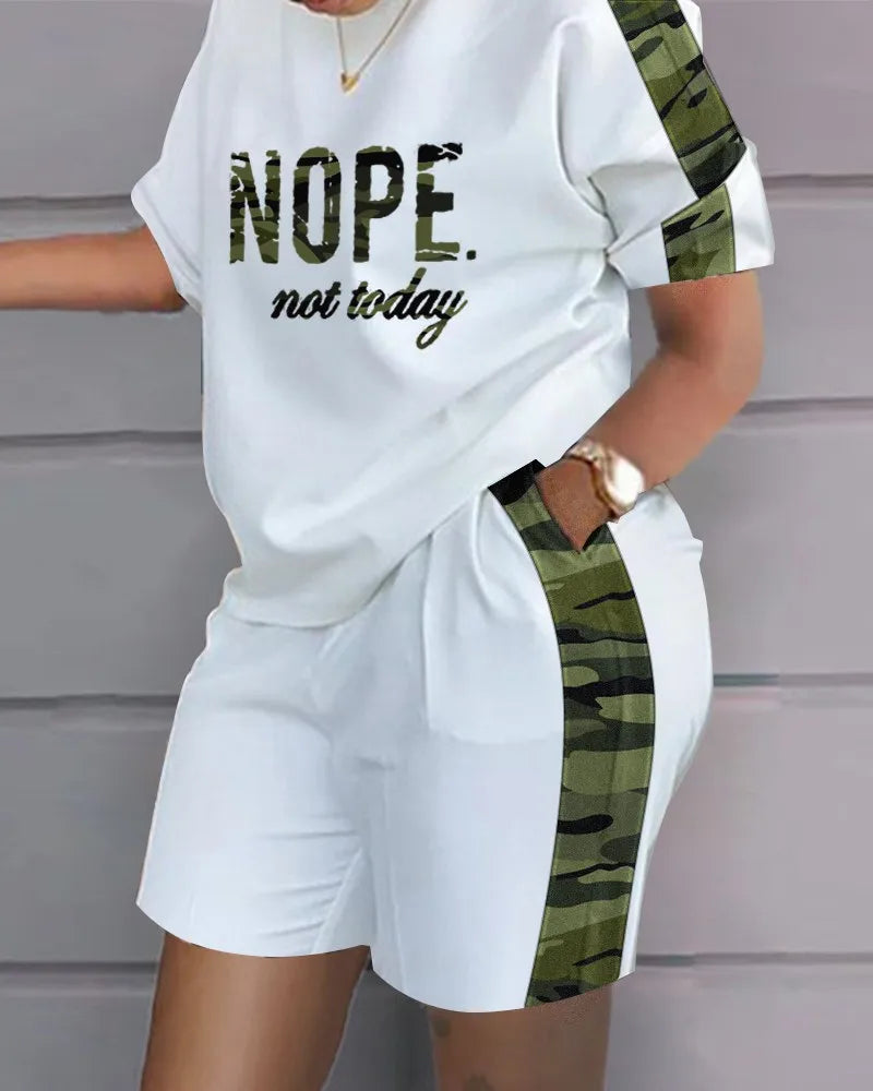 Women Casual Short Sleeve Outfit 2024 Summer Fashion Letter Printed O Neck Pocket Suit Female T Shirt Top Shorts Two Pieces Set