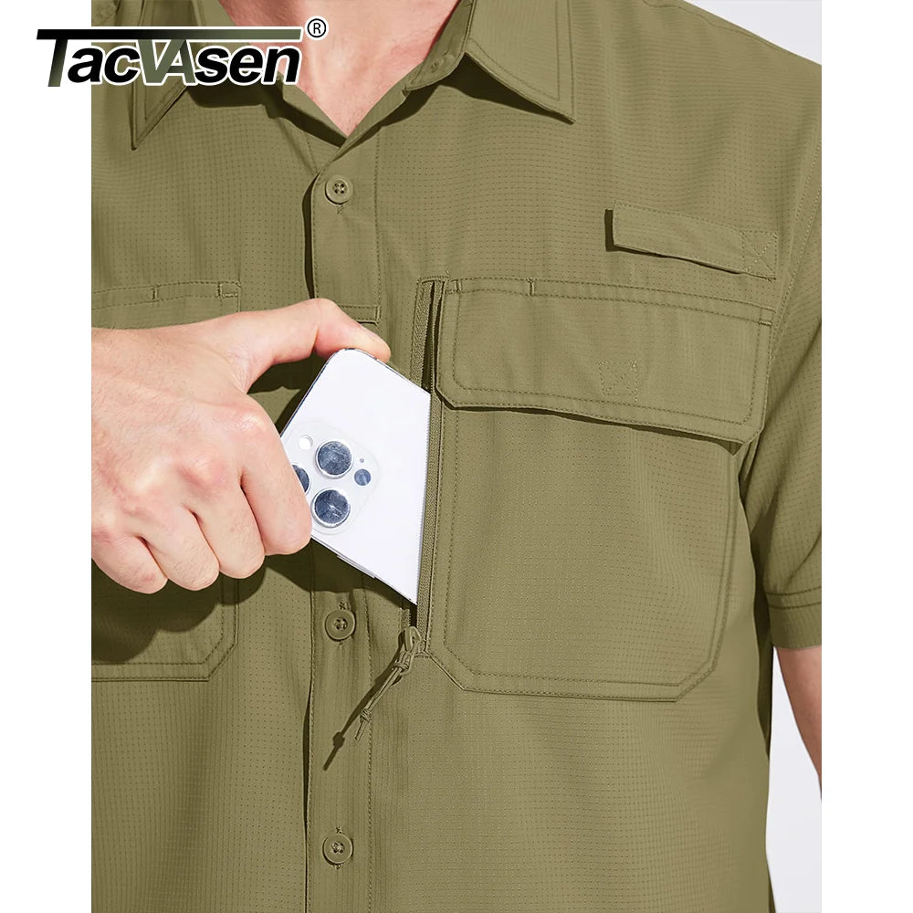 TACVASEN Quick Dry Short Sleeve Shirts Men's UPF 50+ Sun Protection Work Cargo Shirts Mesh Breathable Hiking Fishing Shirts Man